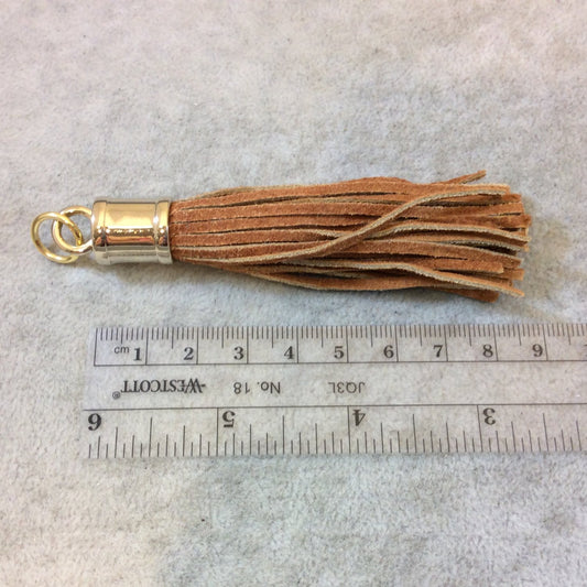 Gold Capped Smooth Ginger Nubuck Leather Tassel with Attached Ring - Measuring 13mm x 80mm, Including Cap - LIMITED! - Sold Individually