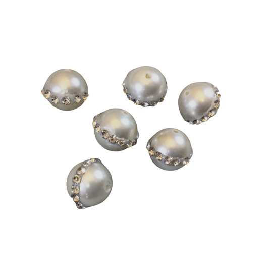 10mm Rhinestone Hemisphere Bright White Pearl Round/Ball Shaped Beads - Sold in Packs of Six (6) - Natural Semi-Precious Loose Gemstone