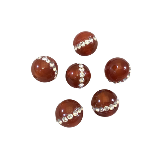 10mm Rhinestone Hemisphere Inlaid Carnelian Round/Ball Shaped Beads - Sold in Packs of Six (6) - Natural Semi-Precious Loose Gemstone