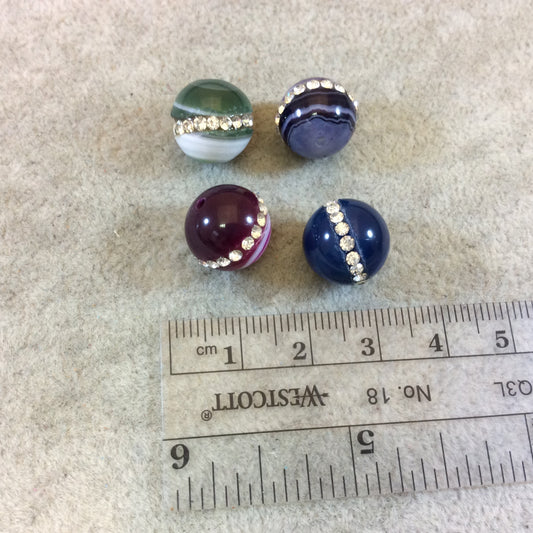 14mm Rhinestone Hemisphere Inlaid Multicolor Agate Round/Ball Shape Beads - Sold in Packs of Four (4) - Natural Semi-Precious Loose Gemstone