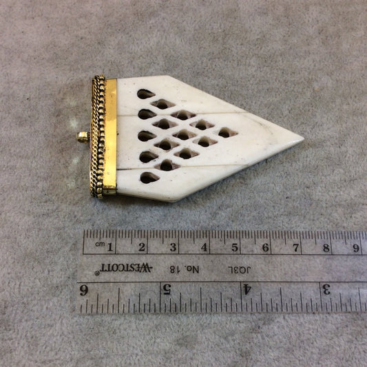 3" White/Ivory Pointed Arrow Shaped Natural Ox Bone Pendant with Carved Drops and Dotted Cap - Measuring 43mm x 80mm, Approx.