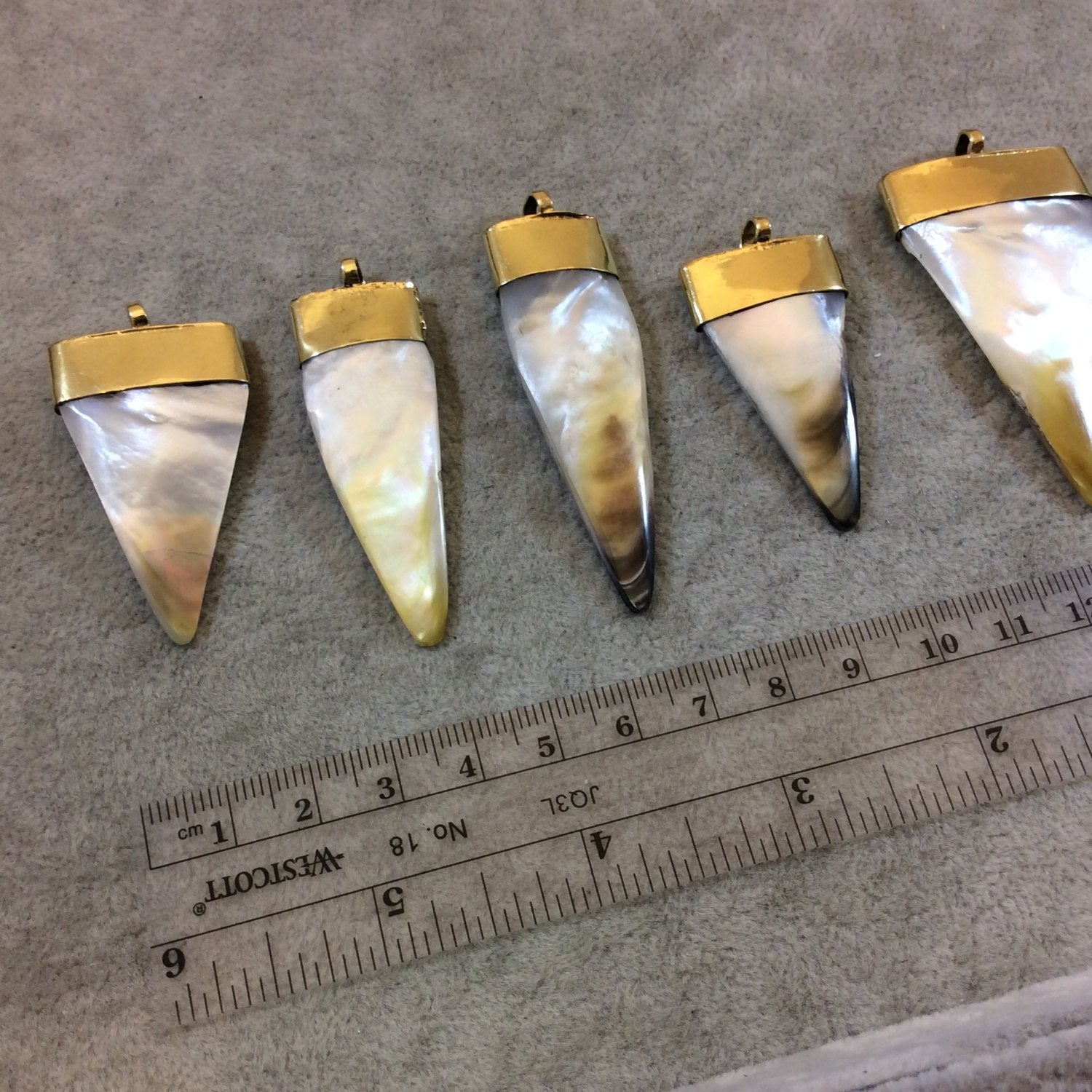 Flat Triangle Shaped Abalone Shell Pendant with Gold Plated Cap - Measuring 40-60mm High, Approximately - Sold Individually (TR035-WA)