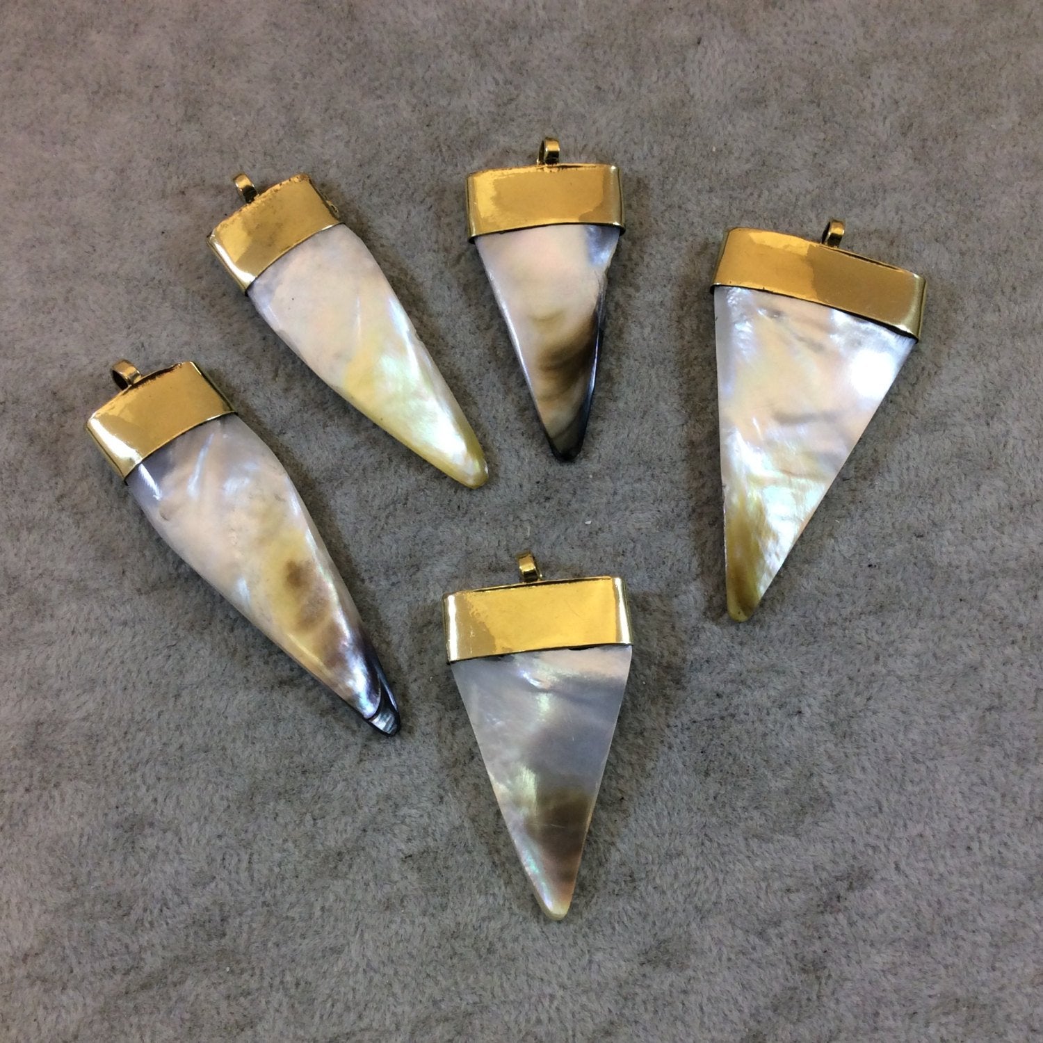 Flat Triangle Shaped Abalone Shell Pendant with Gold Plated Cap - Measuring 40-60mm High, Approximately - Sold Individually (TR035-WA)