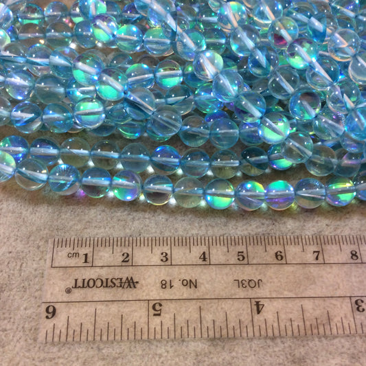 Aqua Round/Ball Shaped Transparent smooth 6mm | 8mm Synthetic Glass Moonstone Beads - 15" Strand  Manmade Faux Gemstone