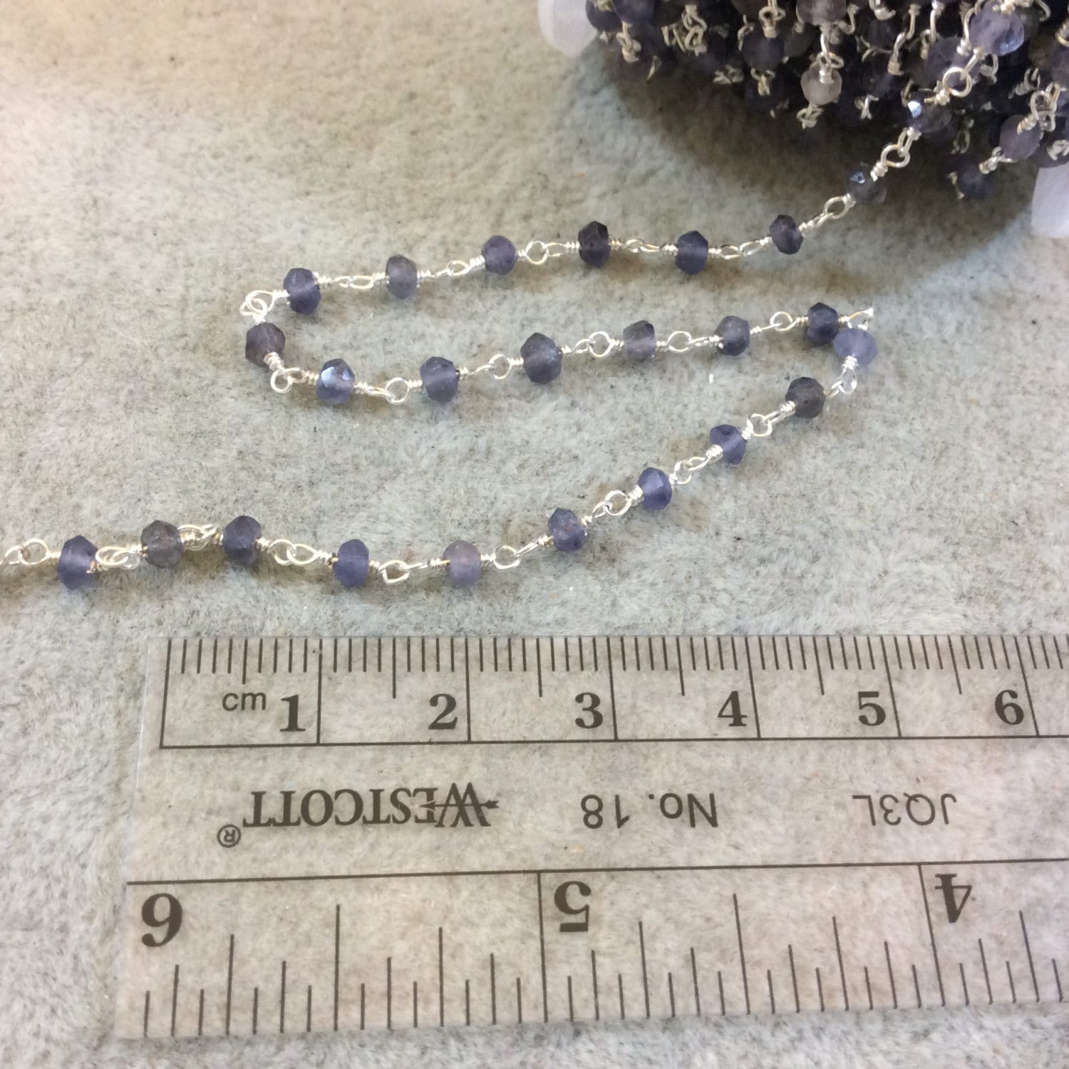 Silver Plated Copper Rosary Chain with Faceted 3mm Rondelle Shaped Iolite Beads - Sold by the Foot, or in Bulk! - Natural Beaded Chain