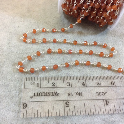 Silver Plated Copper Rosary Chain with Faceted 4mm Rondelle Shaped Carnelian Beads - Sold by the Foot! (CH113-SV) - Natural Beaded Chain