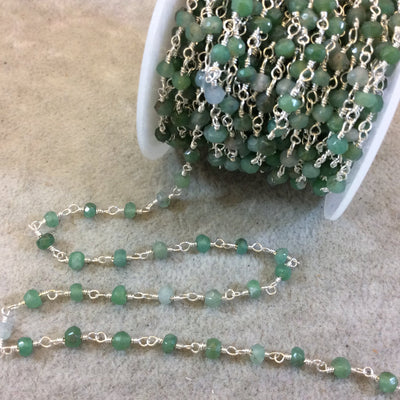 Silver Plated Copper Rosary Chain with Faceted 4mm Rondelle Shaped Chrysoprase Beads (CH118-SV) - Sold by the Foot! - Natural Beaded Chain