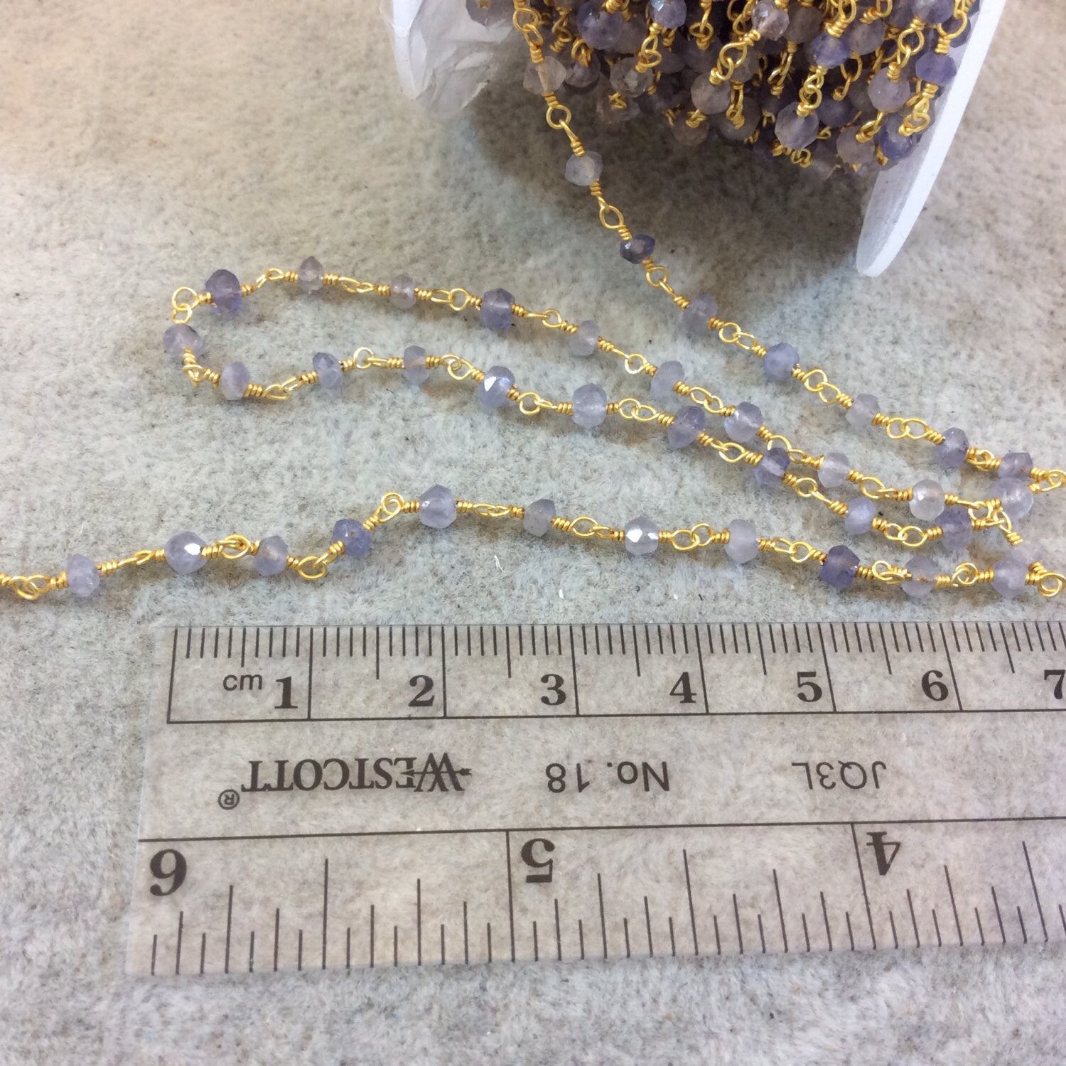 Gold Plated Copper Rosary Chain with Faceted 3-4mm Rondelle Shaped Iolite Beads (CH124-GD) - Sold by the Foot! - Natural Beaded Chain