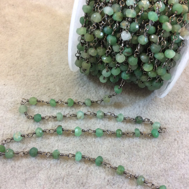 Gunmetal Plated Copper Rosary Chain with Faceted 4mm Rondelle Shape Chrysoprase Beads (CH118-GM) - Sold by the Foot! - Natural Beaded Chain