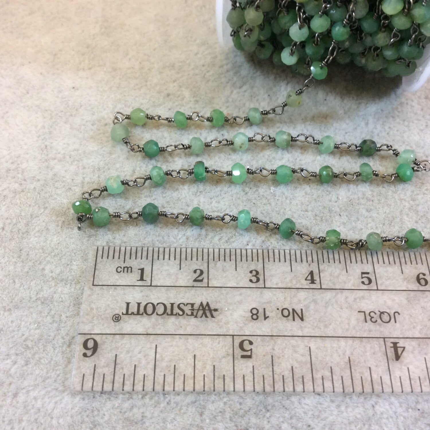 Gunmetal Plated Copper Rosary Chain with Faceted 4mm Rondelle Shape Chrysoprase Beads (CH118-GM) - Sold by the Foot! - Natural Beaded Chain