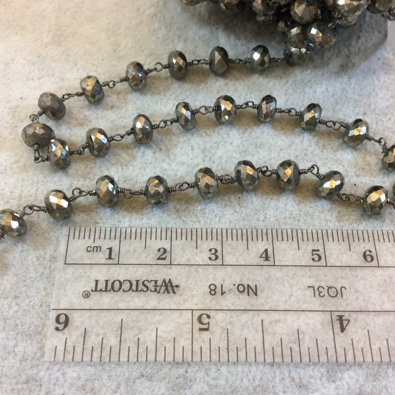 Gunmetal Plated Copper Rosary Chain with Faceted 6mm Rondelle Shape Pyrite Beads (CH326-GM) - Sold by the Foot! - Natural Beaded Chain