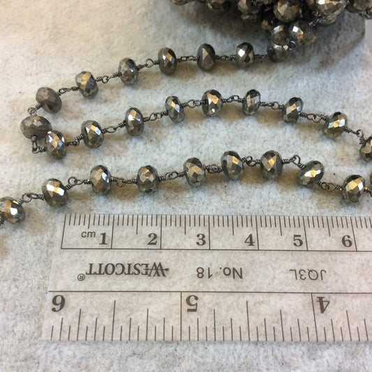 Gunmetal Plated Copper Rosary Chain with Faceted 6mm Rondelle Shape Pyrite Beads (CH326-GM) - Sold by the Foot! - Natural Beaded Chain