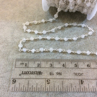 Silver Plated Copper Rosary Chain with Faceted 4mm Rondelle Shaped Moonstone Beads - Sold by the Foot, or in Bulk! - Natural Beaded Chain