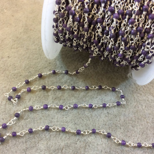 Silver Plated Wrapped Copper Rosary Chain with Smooth 2mm Round Shaped Dyed Purple Howlite Beads - Sold in 1' Increments - (CH015-SV)