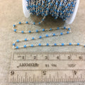 Silver Plated Wrapped Copper Rosary Chain with Smooth 2mm Round Shaped Dyed Turquoise Howlite Beads - Sold in 1' Increments - (CH012-SV)