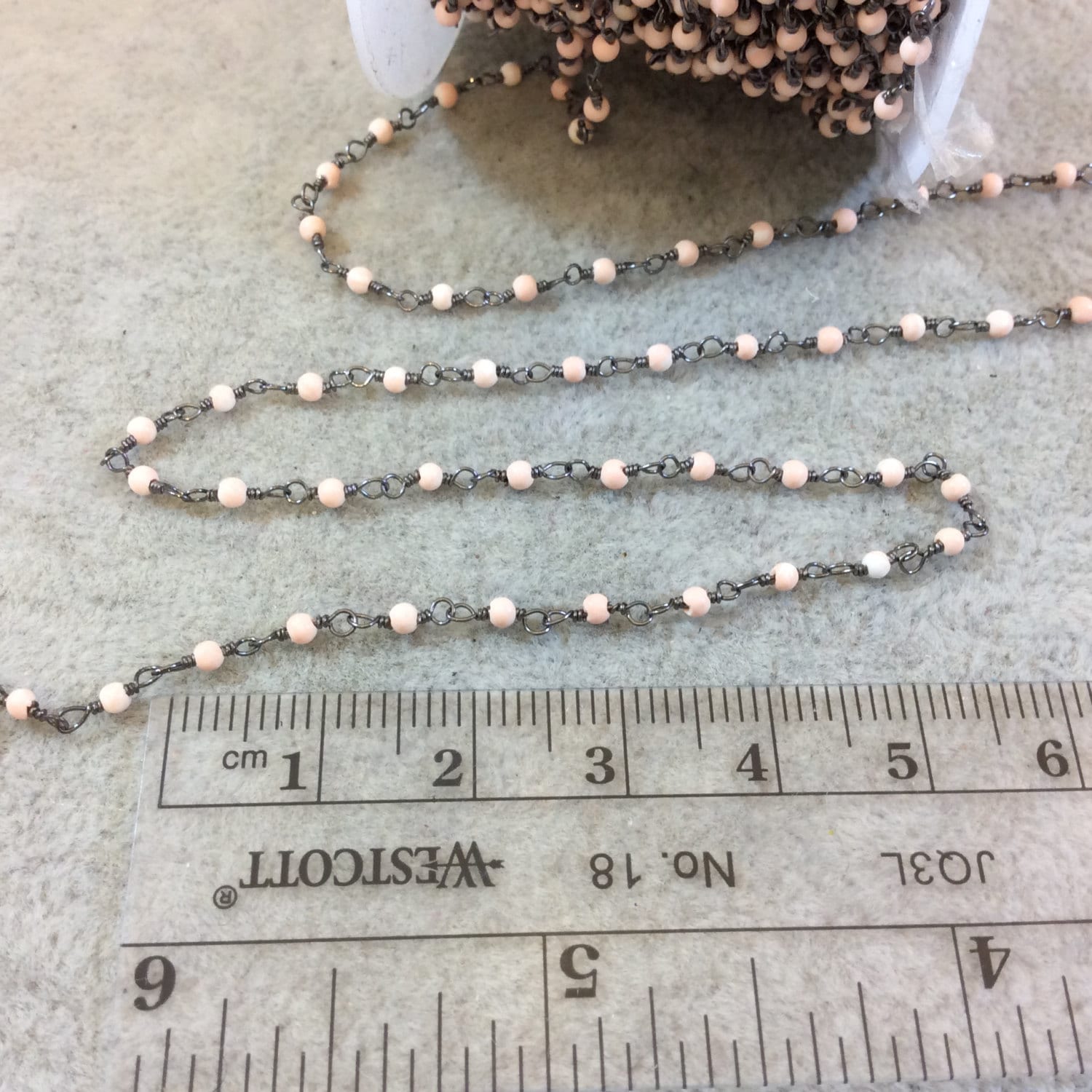 Gunmetal Plated Wrapped Copper Rosary Chain with Smooth 2mm Round Shaped Dyed Light Pink Howlite Beads - Sold in 1' Increments - (CH006-GM)
