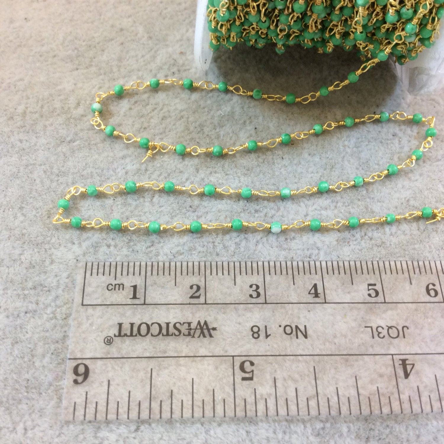 Gold Plated Wrapped Copper Rosary Chain with Smooth 2mm Round Shaped Dyed Lime Green Howlite Beads - Sold in 1' Increments - (CH007-GD)
