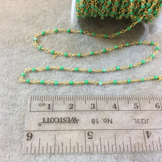 Gold Plated Wrapped Copper Rosary Chain with Smooth 2mm Round Shaped Dyed Lime Green Howlite Beads - Sold in 1' Increments - (CH007-GD)