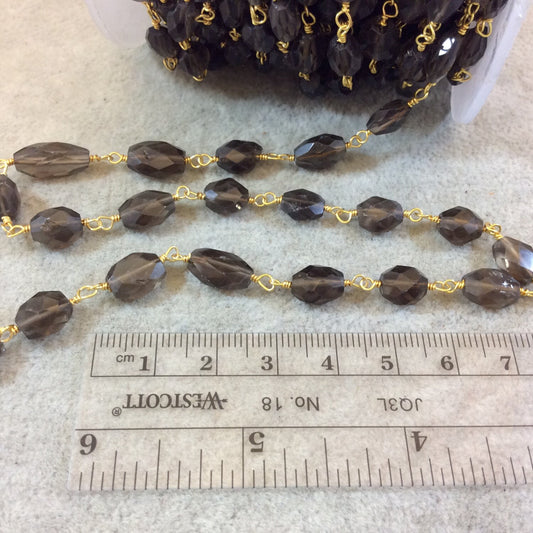 Gold Plated Copper Rosary Chain with Faceted 8-12mm Nugget Shaped Smoky Quartz Beads - Sold by the Foot, or in Bulk! - Natural Beaded Chain