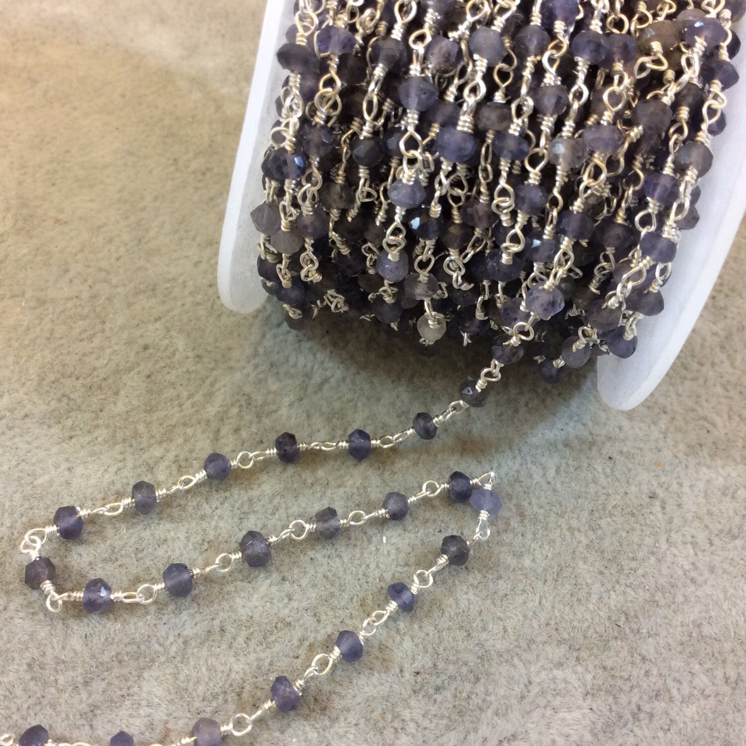 Silver Plated Copper Rosary Chain with Faceted 3mm Rondelle Shaped Iolite Beads - Sold by the Foot, or in Bulk! - Natural Beaded Chain