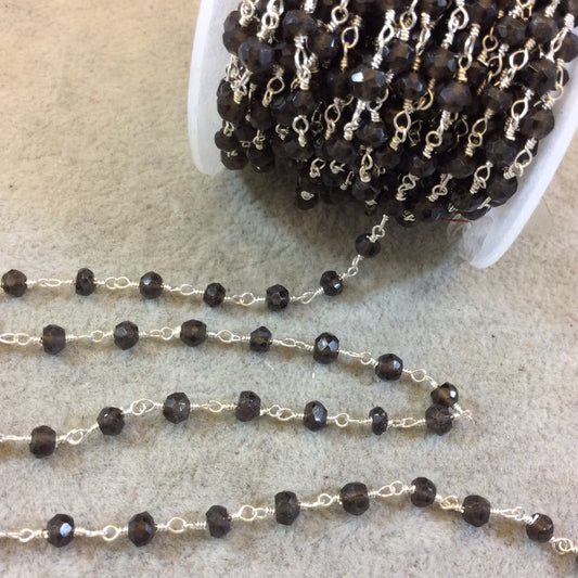 Silver Plated Copper Rosary Chain with Faceted 3-4mm Rondelle Shape Smoky Quartz Beads (CH137-SV) - Sold by the Foot  - Natural Beaded Chain
