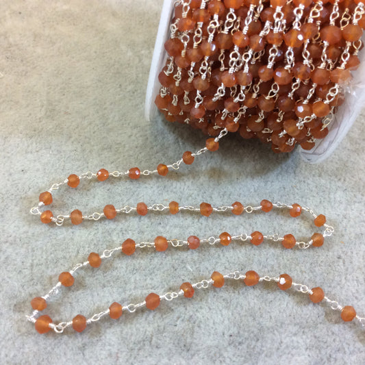 Silver Plated Copper Rosary Chain with Faceted 4mm Rondelle Shaped Carnelian Beads - Sold by the Foot! (CH113-SV) - Natural Beaded Chain