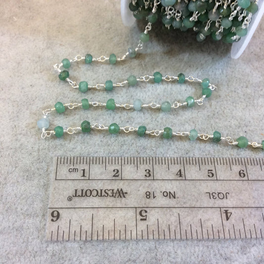 Silver Plated Copper Rosary Chain with Faceted 4mm Rondelle Shaped Chrysoprase Beads (CH118-SV) - Sold by the Foot! - Natural Beaded Chain