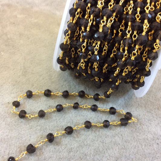 Gold Plated Copper Rosary Chain with Faceted 3-4mm Rondelle Shaped Smoky Quartz Beads - Sold by the Foot, or in Bulk! - Natural Beaded Chain
