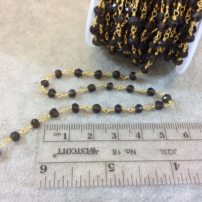 Gold Plated Copper Rosary Chain with Faceted 3-4mm Rondelle Shaped Smoky Quartz Beads - Sold by the Foot, or in Bulk! - Natural Beaded Chain