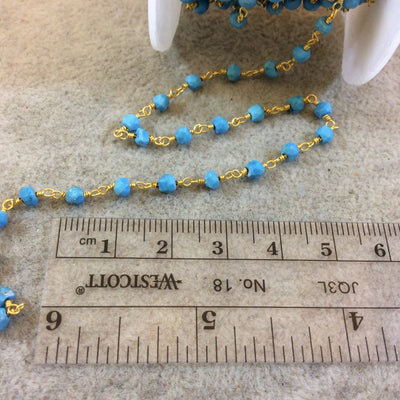 Gold Plated Copper Rosary Chain with Faceted 4mm Rondelle Shaped Turquoise Beads (CH126-GD) - Sold by the Foot! - Natural Beaded Chain