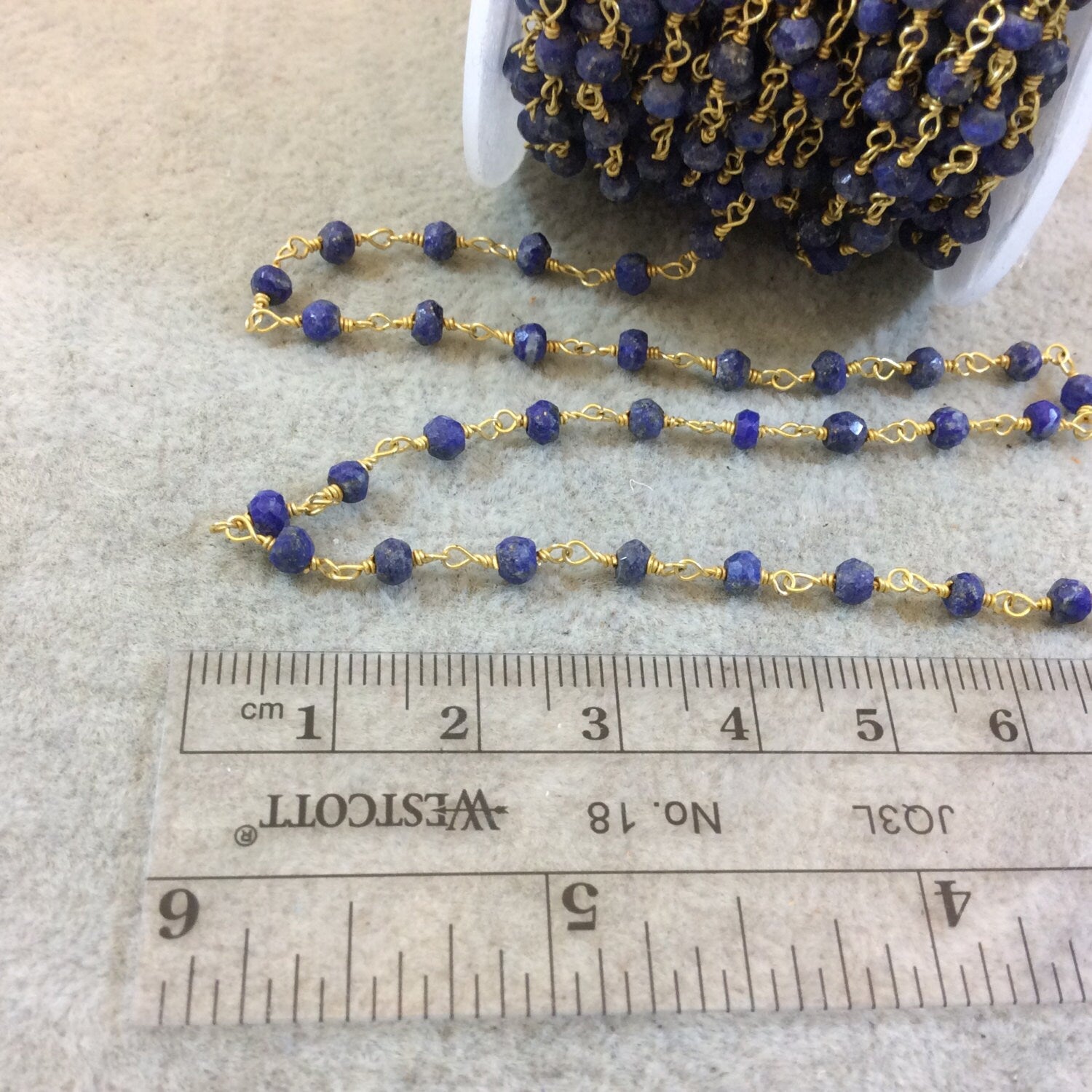 Gold Plated Copper Rosary Chain with Faceted 4mm Rondelle Shape Lapis Lazuli Beads (CH128-GD) - Sold by the Foot! - Natural Beaded Chain