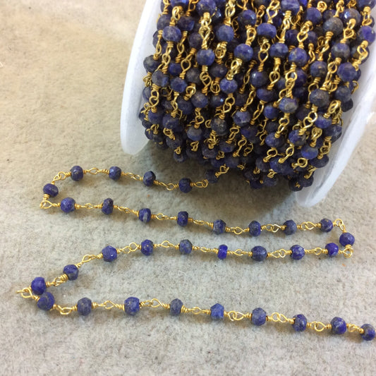 Gold Plated Copper Rosary Chain with Faceted 4mm Rondelle Shape Lapis Lazuli Beads (CH128-GD) - Sold by the Foot! - Natural Beaded Chain