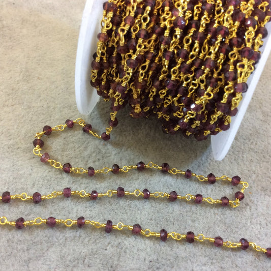 Gold Plated Copper Rosary Chain with Faceted 3mm Rondelle Shape Garnet Beads (CH091-GD) - Sold by the Foot! - Natural Beaded Chain