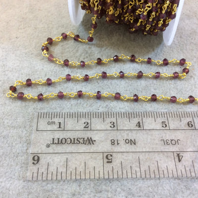 Gold Plated Copper Rosary Chain with Faceted 3mm Rondelle Shape Garnet Beads (CH091-GD) - Sold by the Foot! - Natural Beaded Chain