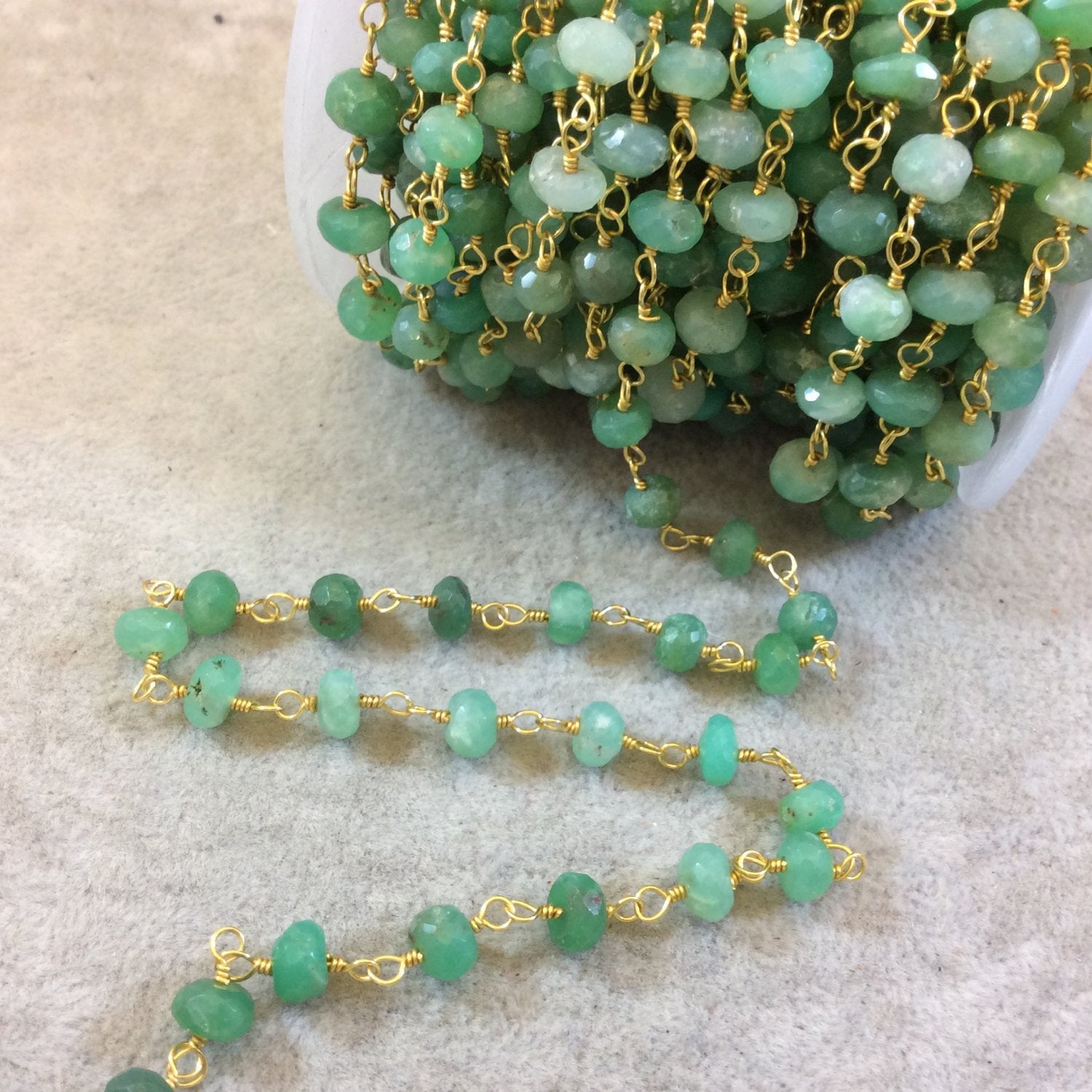 Gold Plated Copper Rosary Chain with Faceted 6-7mm Rondelle Shaped Chrysoprase Beads (CH323-GD) - Sold by the Foot! - Natural Beaded Chain