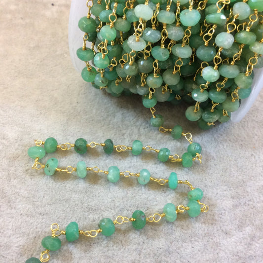 Gold Plated Copper Rosary Chain with Faceted 6-7mm Rondelle Shaped Chrysoprase Beads (CH323-GD) - Sold by the Foot! - Natural Beaded Chain