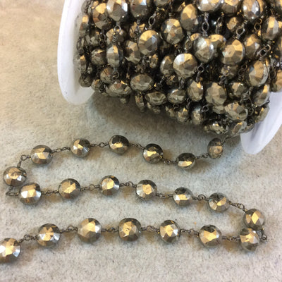 Gunmetal Plated Copper Rosary Chain with Faceted 6-7mm Coin Shaped Pyrite Beads (CH353-GM) - Sold by the Foot! - Natural Beaded Chain