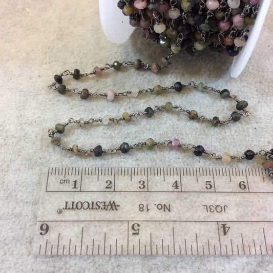 Gunmetal Plated Copper Wrapped Rosary Chain with 3-4mm Faceted Natural Tourmaline Rondelle Shape Beads  (CH117-GM) Sold by 1' Cut Sections!