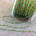 Gold Plated Wrapped Copper Rosary Chain with Smooth 2mm Round Shaped Dyed Lime Green Howlite Beads - Sold in 1' Increments - (CH007-GD)