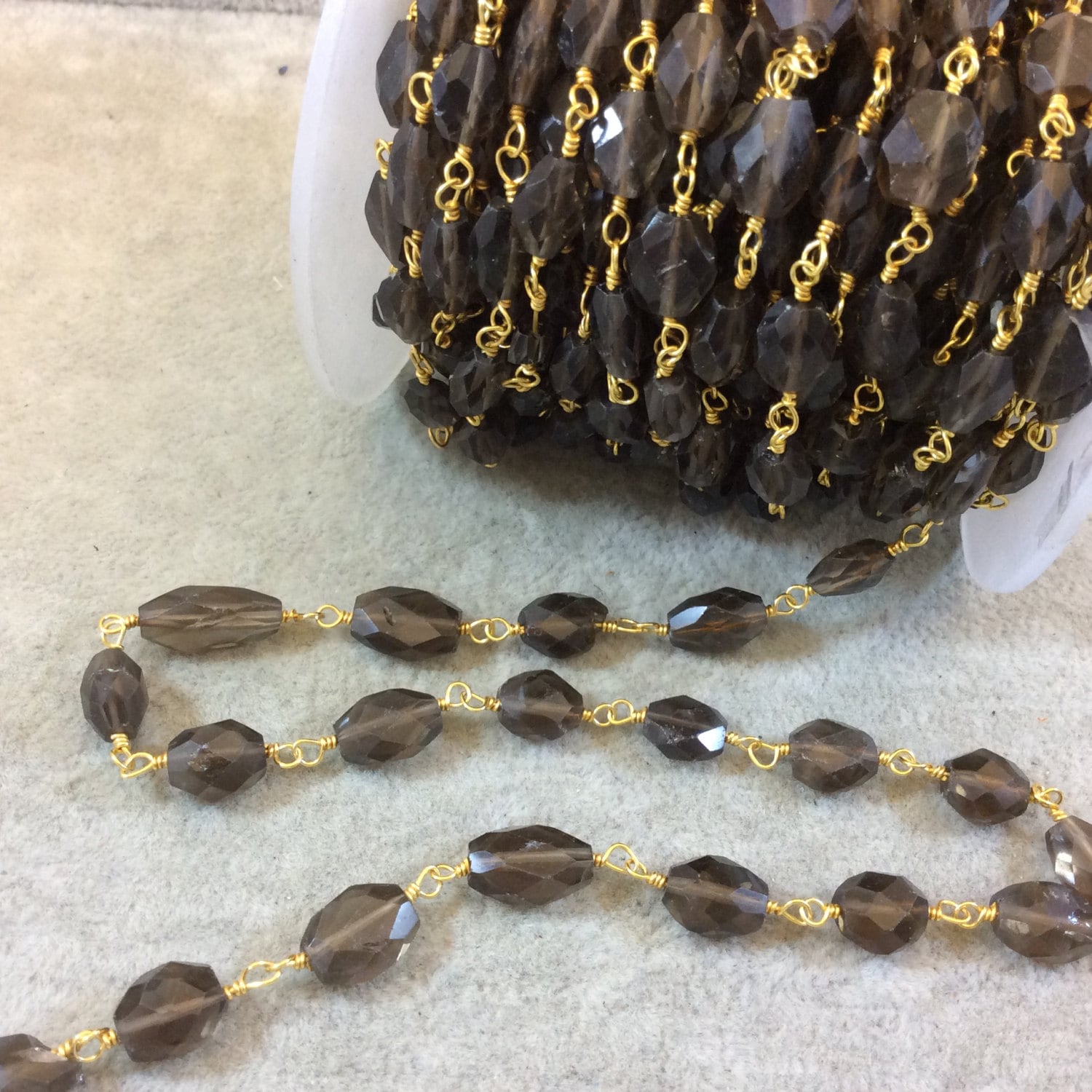 Gold Plated Copper Rosary Chain with Faceted 8-12mm Nugget Shaped Smoky Quartz Beads - Sold by the Foot, or in Bulk! - Natural Beaded Chain