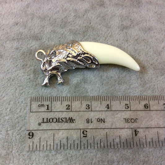 Medium Sized Tusk Shaped Ivory Acrylic Pendant with Silver Finish Wolf's Head Cap - Measuring 20mm x 60mm, Approximately - Sold Individually