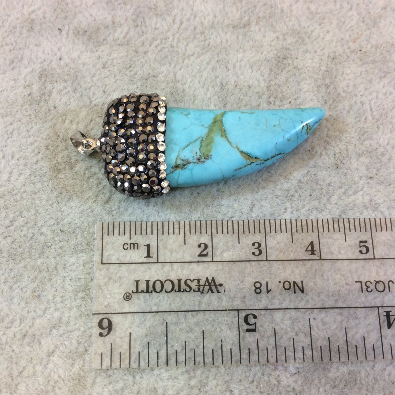 Rhinestone Encrusted Tusk/Claw Shaped Turquoise Colored Veined Howlite Pendant W Gold Bail -  ~ 19mm x 43mm, Approx. - Sold Individually