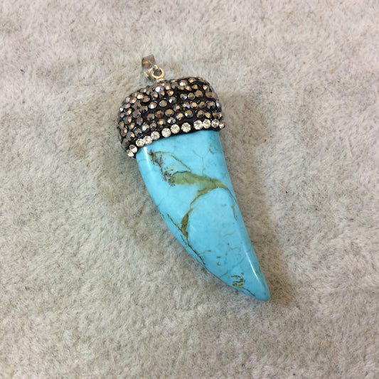 Rhinestone Encrusted Tusk/Claw Shaped Turquoise Colored Veined Howlite Pendant W Silver Bail -  ~ 19mm x 43mm, Approx. - Sold Individually