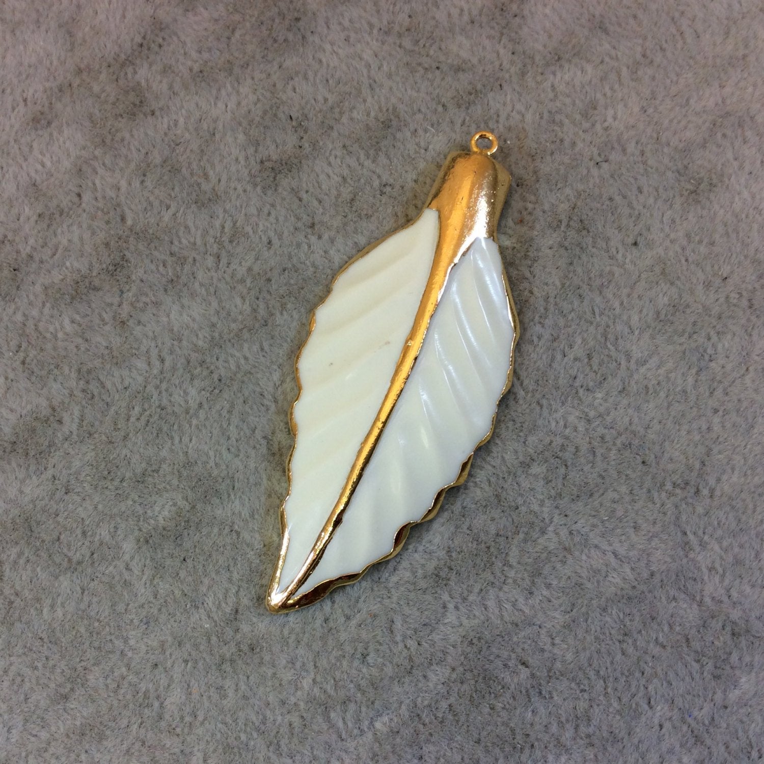Gold Electroplated Elegant Leaf/Feather Shaped Ivory/White Acrylic Focal Pendants - Measuring 25mm x 60mm Approx Sold Individually.
