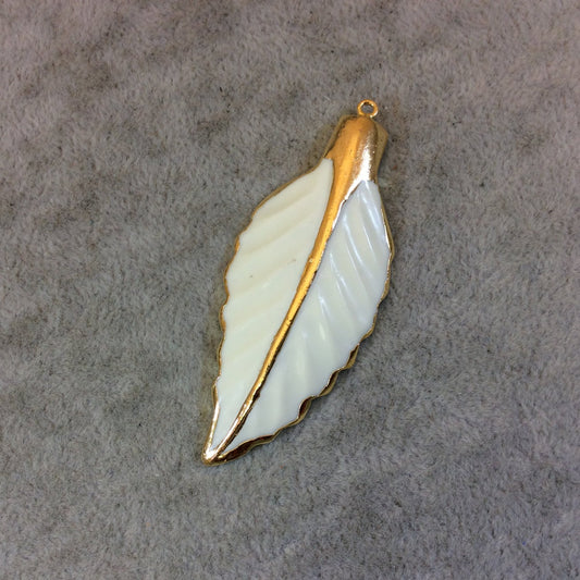 Gold Electroplated Elegant Leaf/Feather Shaped Ivory/White Acrylic Focal Pendants - Measuring 25mm x 60mm Approx Sold Individually.