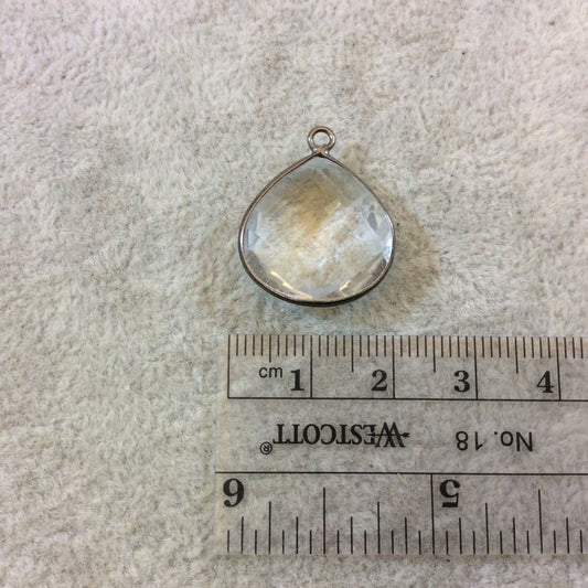 Gunmetal Plated Faceted Clear Hydro (Lab Created) Quartz Heart/Teardrop Shaped Bezel Pendant - Measuring 18mm x 18mm - Sold Individually