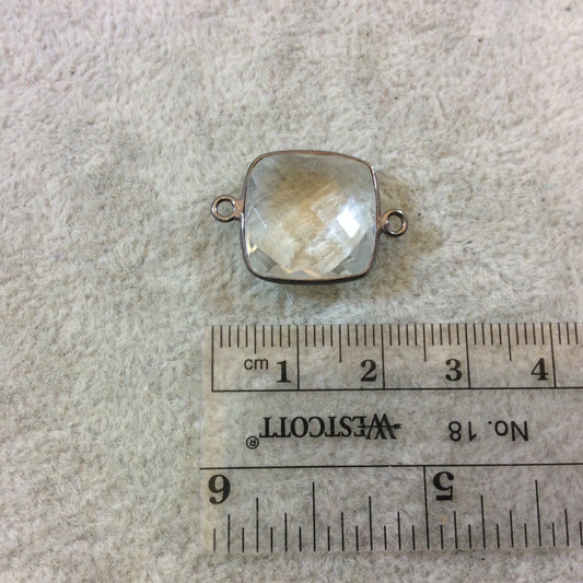 Gunmetal Plated Faceted Clear Hydro (Lab Created) Quartz Square Shaped Bezel Connector - Measuring 15mm x 15mm - Sold Individually
