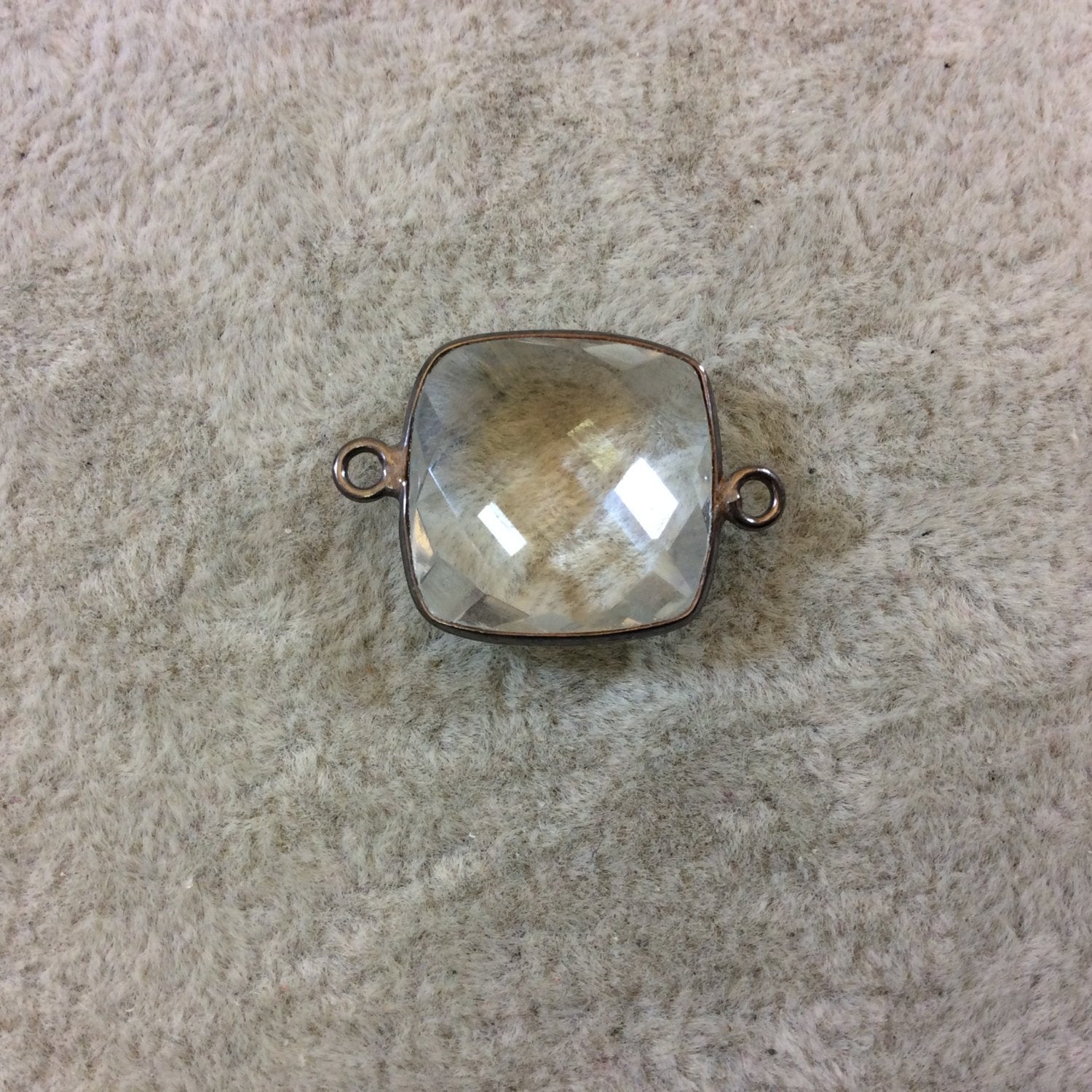 Gunmetal Plated Faceted Clear Hydro (Lab Created) Quartz Square Shaped Bezel Connector - Measuring 18mm x 18mm - Sold Individually