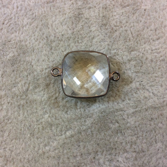 Gunmetal Plated Faceted Clear Hydro (Lab Created) Quartz Square Shaped Bezel Connector - Measuring 18mm x 18mm - Sold Individually