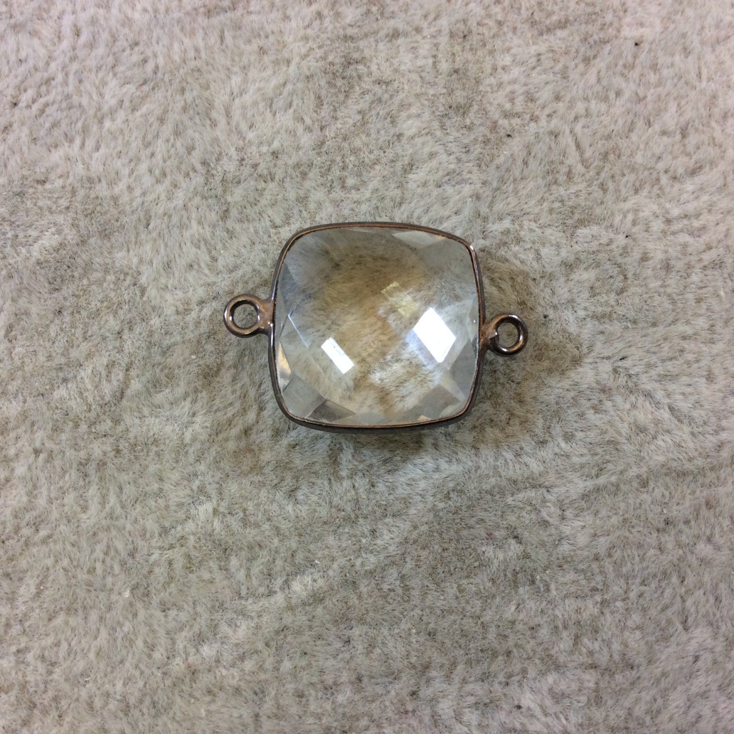 Gunmetal Plated Faceted Clear Hydro (Lab Created) Quartz Square Shaped Bezel Connector - Measuring 15mm x 15mm - Sold Individually